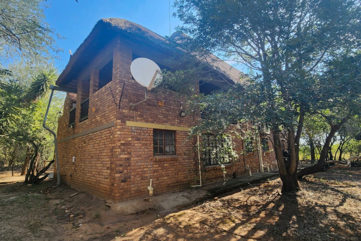 Rear view of a two-story face brick house featuring a traditional thatched roof, set within a natural wooded environment.