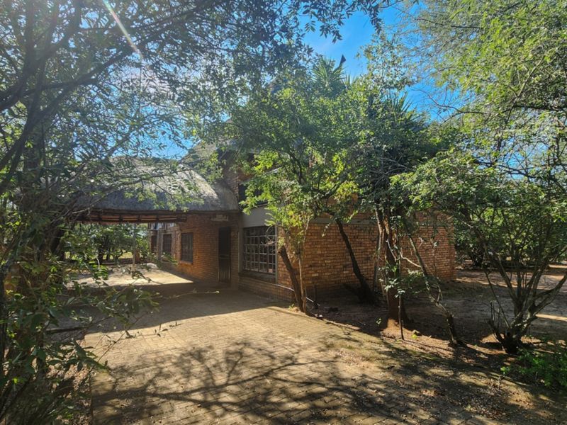 A rustic face brick house featuring a traditional thatched roof and a paved driveway, nestled within a natural, tree-filled garden setting.