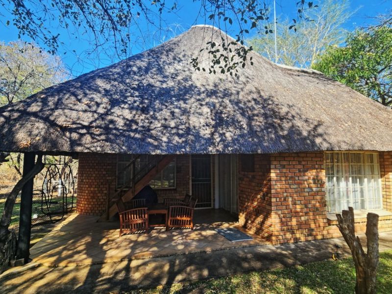 A rear view of a traditional thatch-roofed house featuring a face brick exterior and a covered patio area.