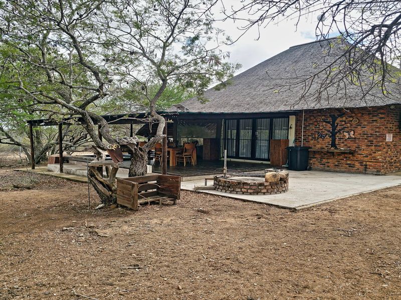 Rear view of a house featuring a thatched roof, exposed brick exterior, and a covered patio area with a built-in braai.