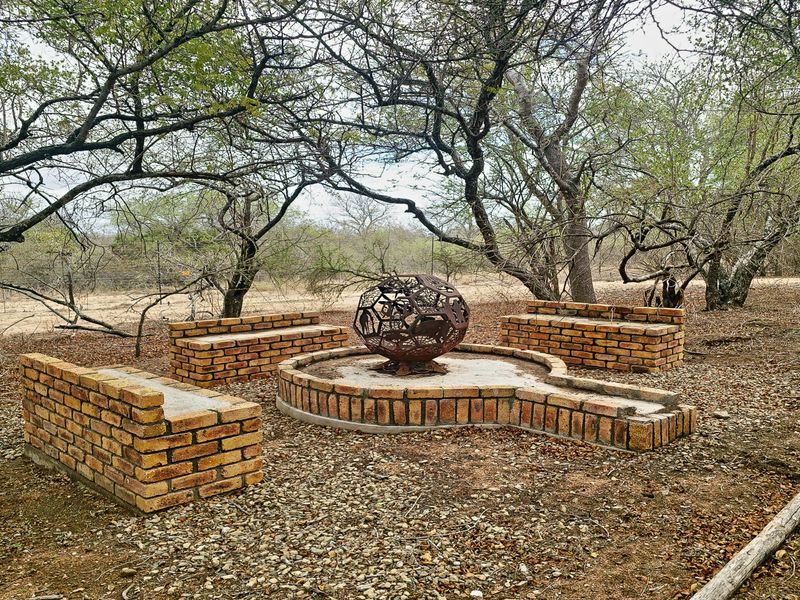 An outdoor garden area featuring a circular brick fire pit surrounded by built-in brick seating under mature trees.