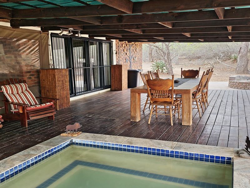 Covered outdoor patio featuring timber decking, a built-in plunge pool, and direct access to the interior through sliding glass doors.