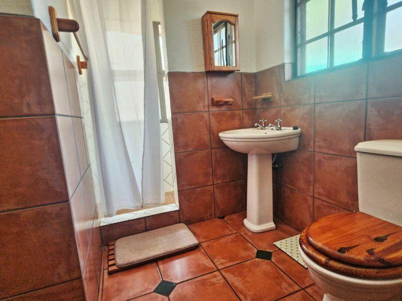 A compact bathroom featuring a pedestal basin, toilet, and shower area with dated terracotta-style wall and floor tiling.