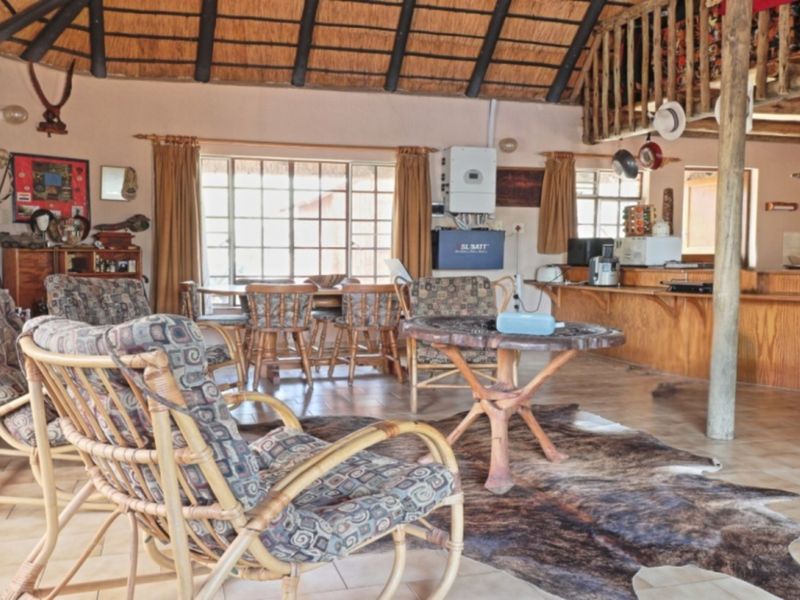 Open plan living and kitchen area featuring a high thatched ceiling with exposed timber beams, a mezzanine level, and a timber breakfast bar.