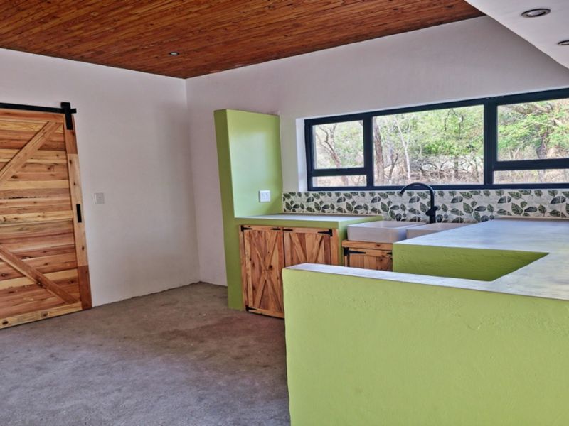 A modern kitchen featuring a timber ceiling, concrete countertops, double basin sink, and a rustic barn-style sliding door, offering a unique aesthetic.