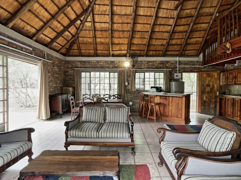 Spacious open-plan living area featuring a high thatched ceiling, exposed brick walls, tiled floors, and an integrated kitchen with a breakfast bar.