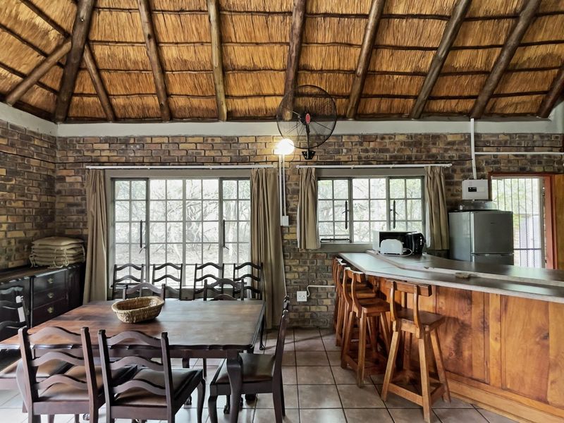 Open-plan living and dining area featuring a high thatched roof with exposed rafters, exposed brick walls, and a built-in timber breakfast bar.