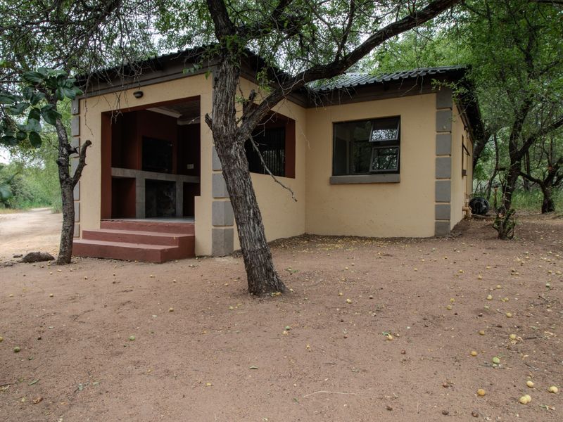A detached exterior structure featuring a built-in braai area, concrete steps, and a tiled roof, set within a natural, wooded environment.