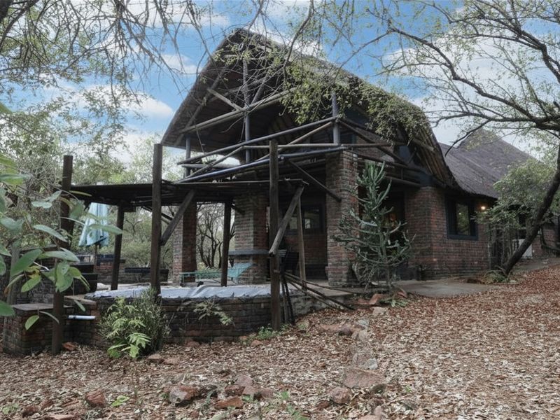 A rustic exterior view of a house featuring a thatched roof, exposed brick walls, and a covered patio area set within a natural bushveld environment.