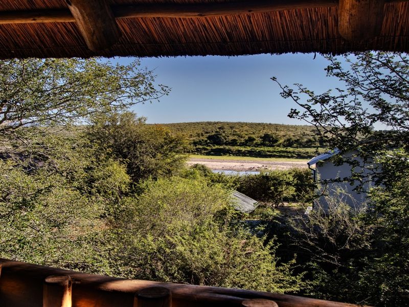 A scenic elevated view overlooking natural bushveld and a riverbed, framed by a rustic timber and thatch structure.