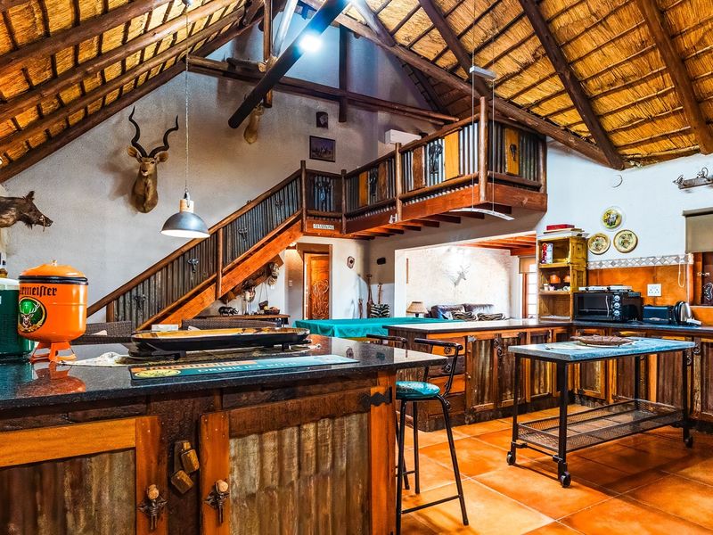 Spacious open-plan living and kitchen area featuring a high vaulted thatched ceiling, exposed timber trusses, and a mezzanine level with a timber staircase.