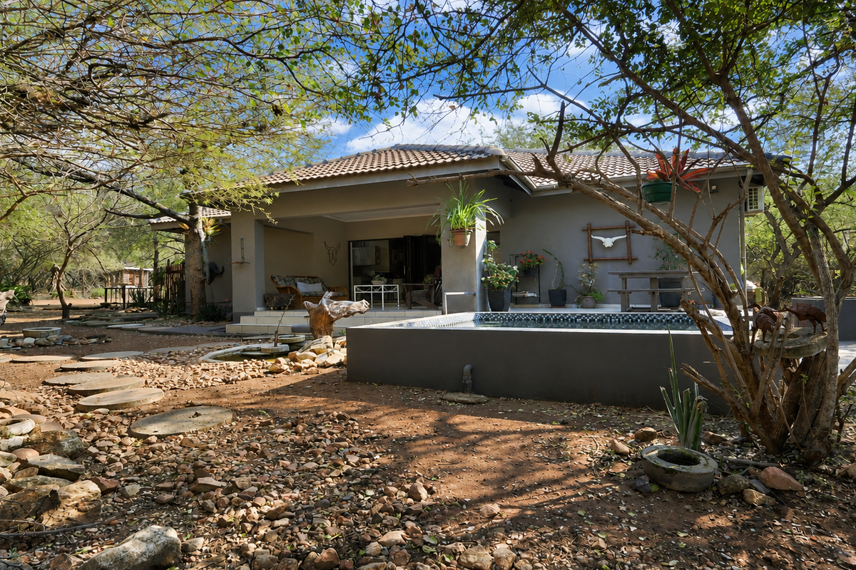 Rear view of the house featuring a covered patio area and a private plunge pool set within a natural garden landscape.