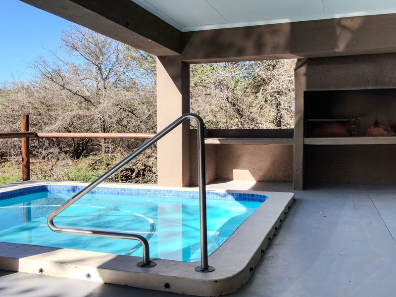 Covered patio area featuring a built-in braai and a private plunge pool, overlooking natural bushveld surroundings.