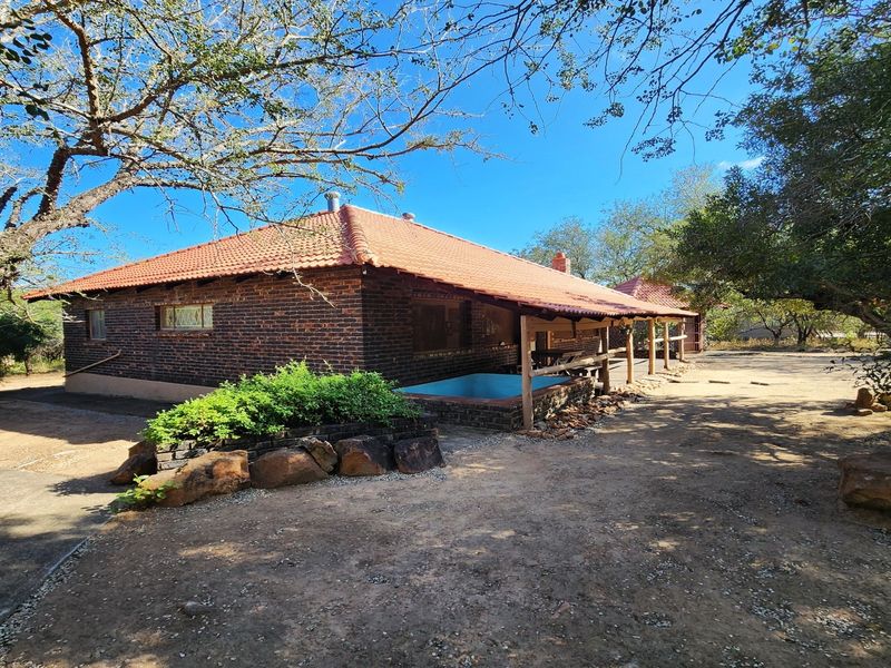Rear view of a facebrick house featuring a terracotta tiled roof, a covered patio area, and a small plunge pool set in a natural garden.