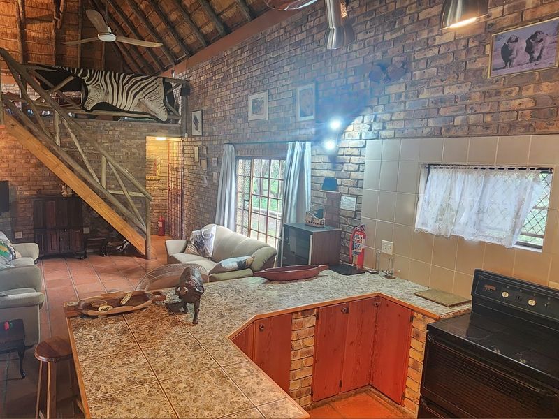 Open-plan living area featuring exposed brick walls, a high thatched ceiling, a timber staircase to a mezzanine, and a functional kitchen with tiled counters.