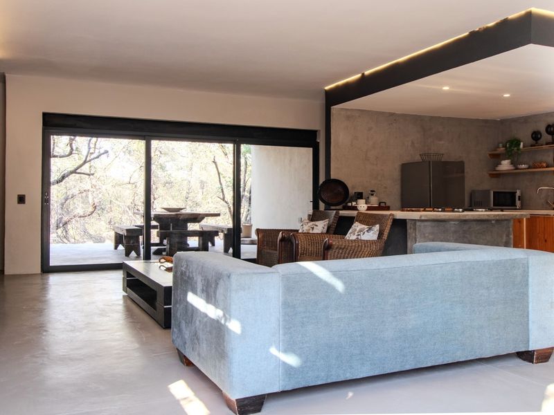Spacious open-plan living and kitchen area featuring polished concrete floors, modern recessed lighting, and seamless indoor-outdoor flow through large sliding glass doors.