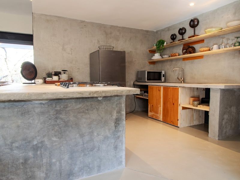 Modern industrial-style kitchen featuring concrete island and countertops, open timber shelving, and large sliding glass doors providing natural light.