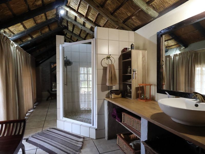 A rustic bathroom featuring a unique thatched roof with exposed rafters, a tiled shower enclosure, and a modern vessel sink on a built-in vanity.