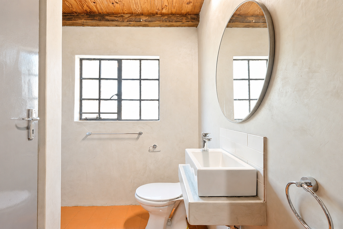 A clean, minimalist bathroom featuring a wall-mounted basin, toilet, and exposed timber ceiling beams, finished with smooth plaster walls and tiled flooring.