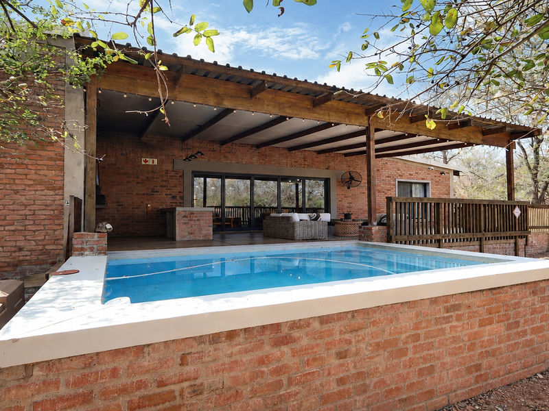 A well-maintained outdoor entertainment area featuring a raised brick swimming pool, a covered patio with timber structure, and direct access to the interior.
