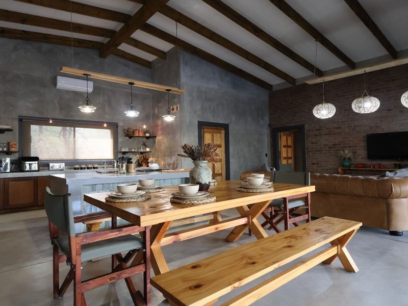 Spacious open-plan living and kitchen area featuring exposed timber ceiling beams, polished concrete floors, and a combination of brick and cement plaster wall finishes.