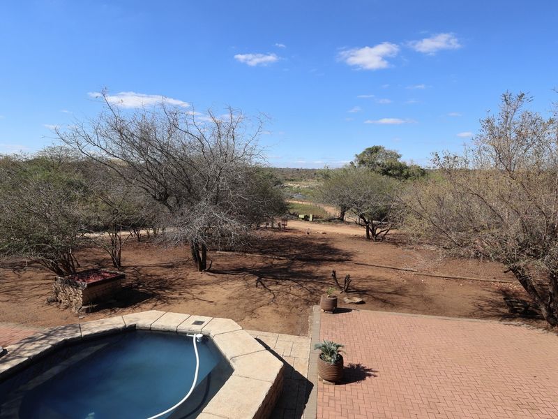 Outdoor pool area featuring a paved patio and stone coping, overlooking a spacious, natural garden landscape.