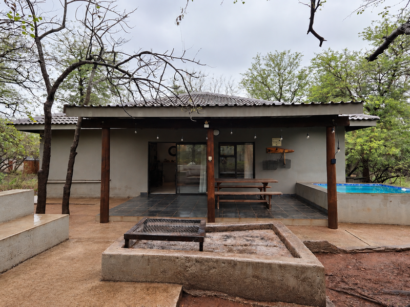 Rear exterior view featuring a covered patio, built-in fire pit, and a small plunge pool set within a natural, wooded environment.