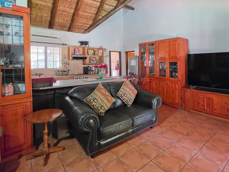 Open-plan living and kitchen area featuring a high thatched ceiling with exposed rafters, terracotta tiling, and extensive built-in wooden cabinetry.