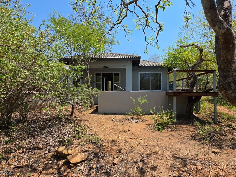 Rear view of the house featuring a covered patio, a raised wooden deck, and natural bushveld surroundings.
