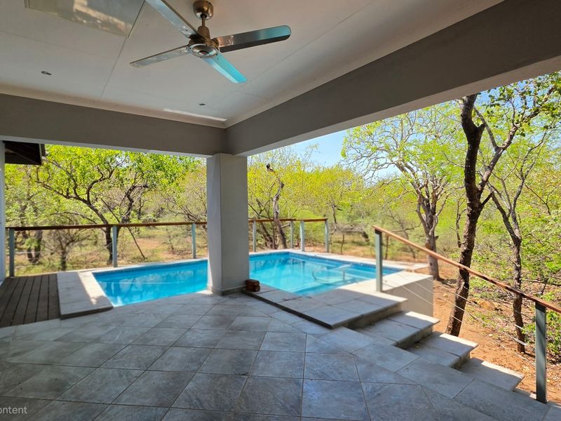 Covered patio area featuring tiled flooring, a ceiling fan, and a built-in swimming pool overlooking a natural bushveld landscape.