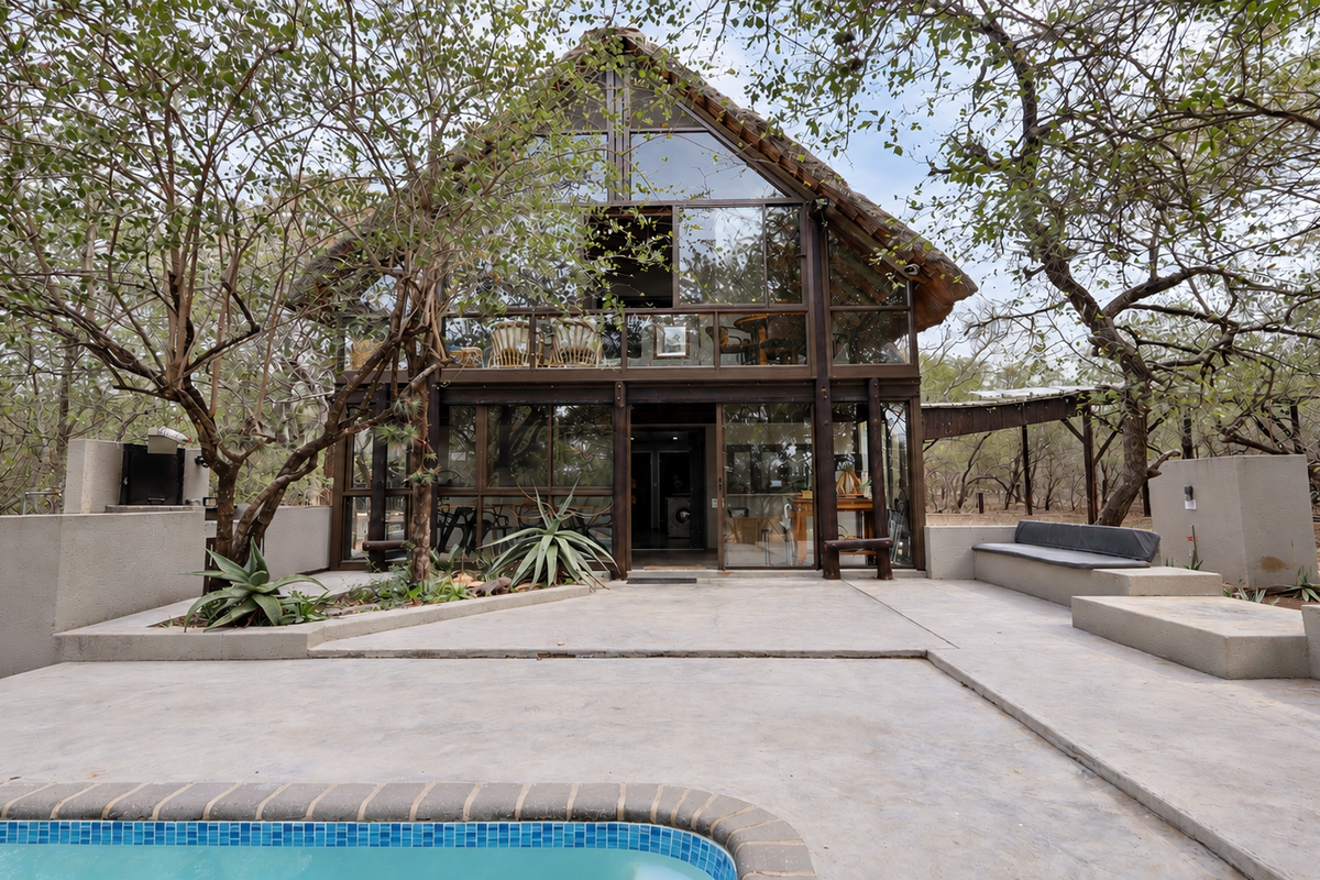 A rear exterior view of a modern timber-framed house featuring a swimming pool, concrete patio, built-in bench, and large glass windows set in a wooded area.