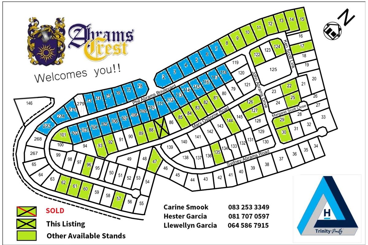 A site development plan for Abrams Crest showing available and sold residential stands.
