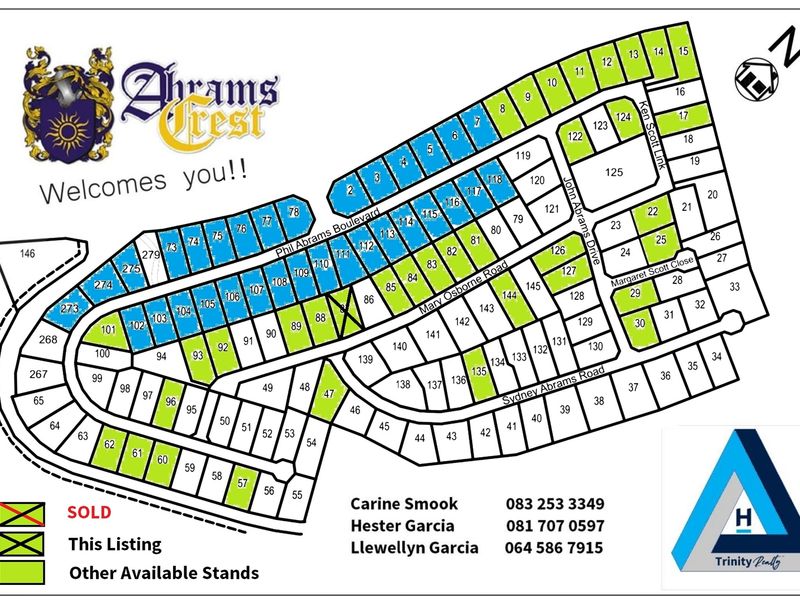 A site development plan for Abrams Crest showing available and sold residential stands.