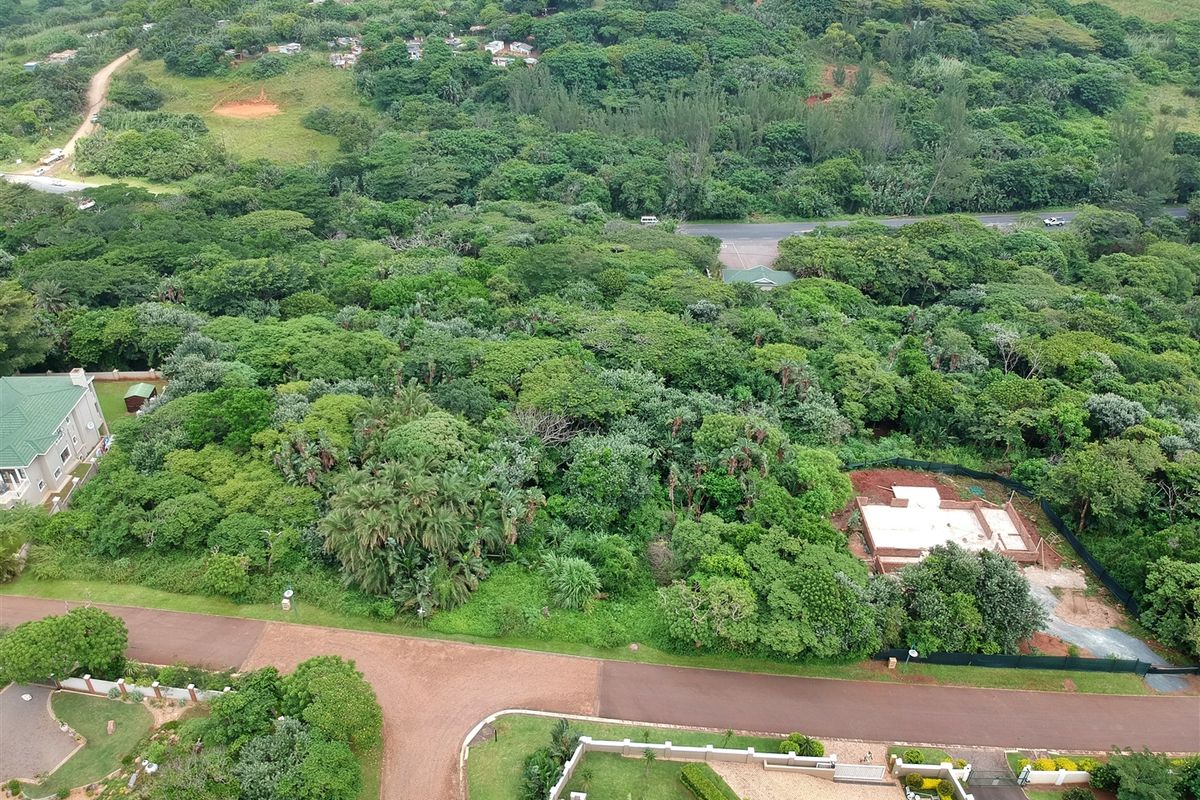 Aerial view of a residential vacant land plot featuring established vegetation and a partially constructed foundation, situated in a green, leafy neighborhood.