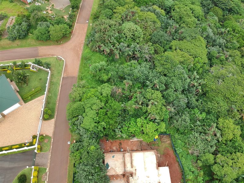 Aerial view of a residential plot featuring dense natural vegetation and an active building foundation site adjacent to a paved road.