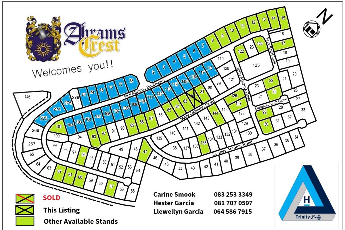 A site development plan for Abrams Crest showing the layout of residential stands, street names, and current availability status.