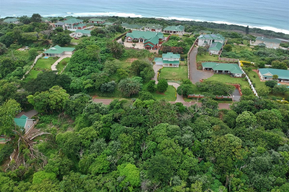 An aerial view of a coastal residential estate featuring established homes, paved roads, and lush green surroundings near the ocean.