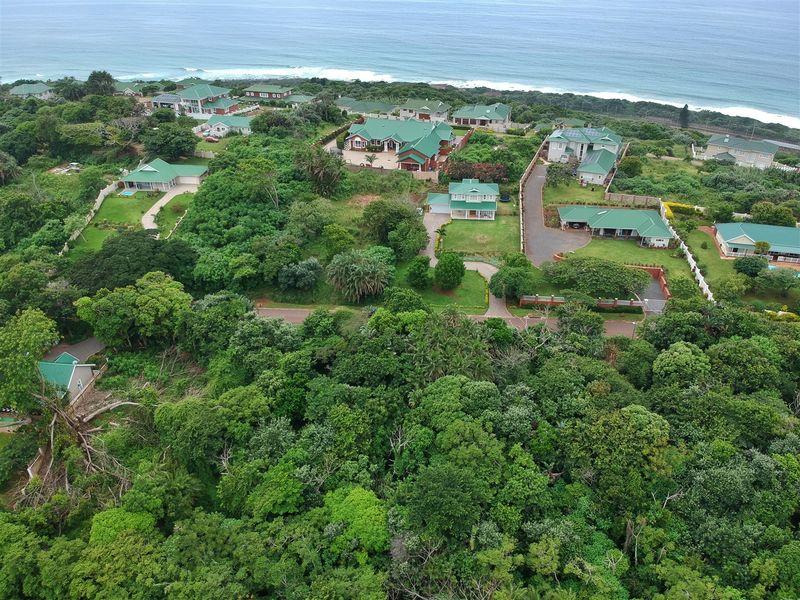 An aerial view of a coastal residential estate featuring established homes, paved roads, and lush green surroundings near the ocean.