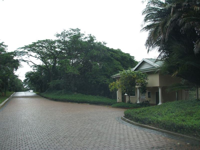 A view of the paved entrance driveway leading to a residential security gatehouse surrounded by mature trees and landscaped gardens.
