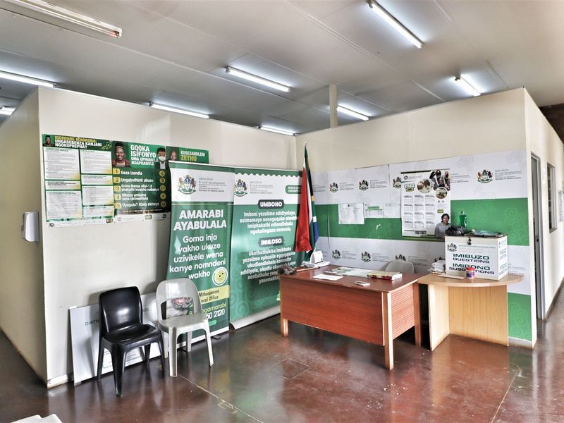 A functional office space featuring partition walls, fluorescent lighting, and vinyl flooring, currently utilized as a reception or administrative area.