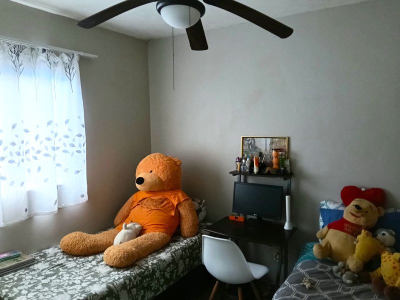 A bedroom featuring a ceiling fan and neutral wall finishes, providing a functional space for rest or study.