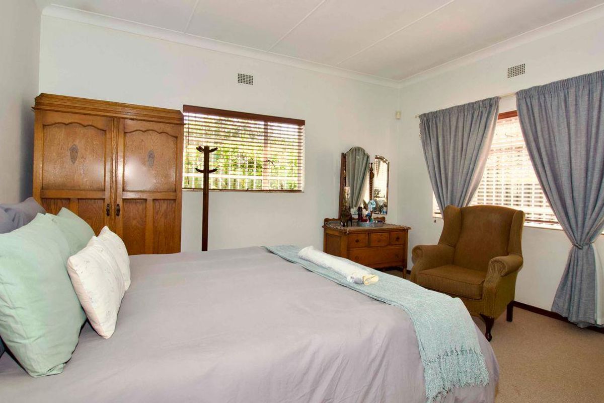 A spacious bedroom featuring neutral carpeting, coved ceilings, and dual windows with fitted blinds and curtains.