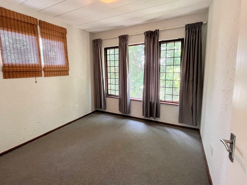 A bright, empty bedroom featuring carpeted flooring, textured walls, and large grid-pattern windows that provide natural light.
