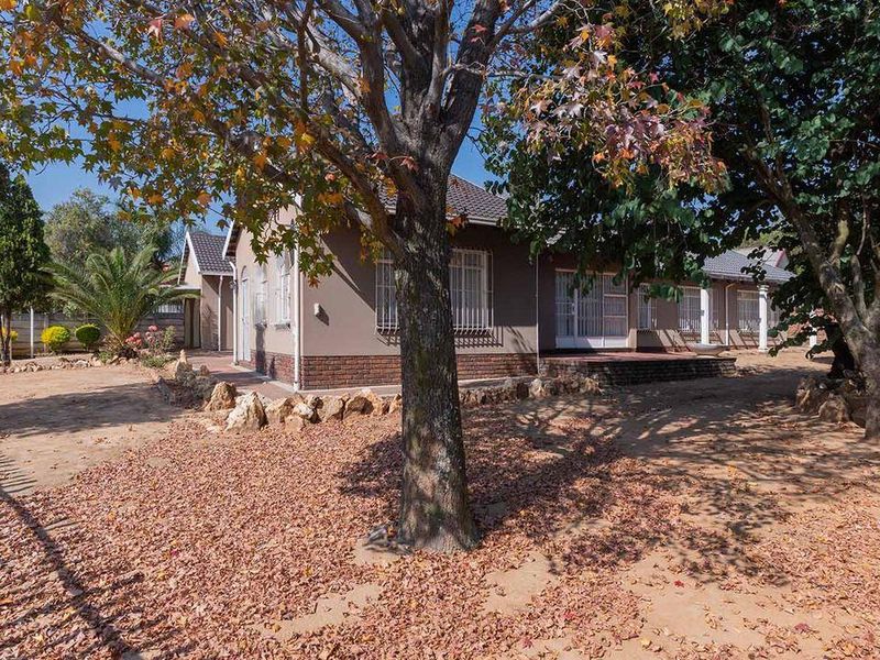 Rear view of the house featuring a paved patio area, established trees, and a tiled roof structure.