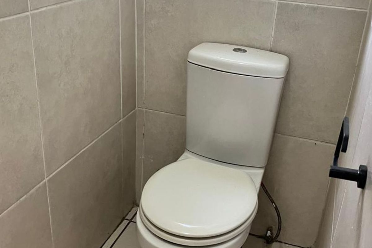A compact guest toilet featuring neutral wall tiling and a standard white ceramic toilet suite.