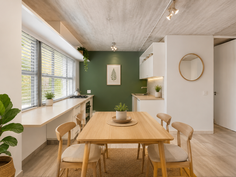 Modern open-plan kitchen and dining area featuring an exposed concrete ceiling, sleek cabinetry, integrated appliances, and a striking green accent wall.