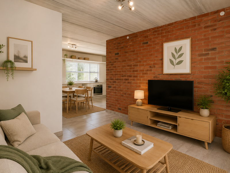 Open-plan living and dining area featuring an exposed brick feature wall, concrete ceiling, and modern tiled flooring with an adjoining kitchen.