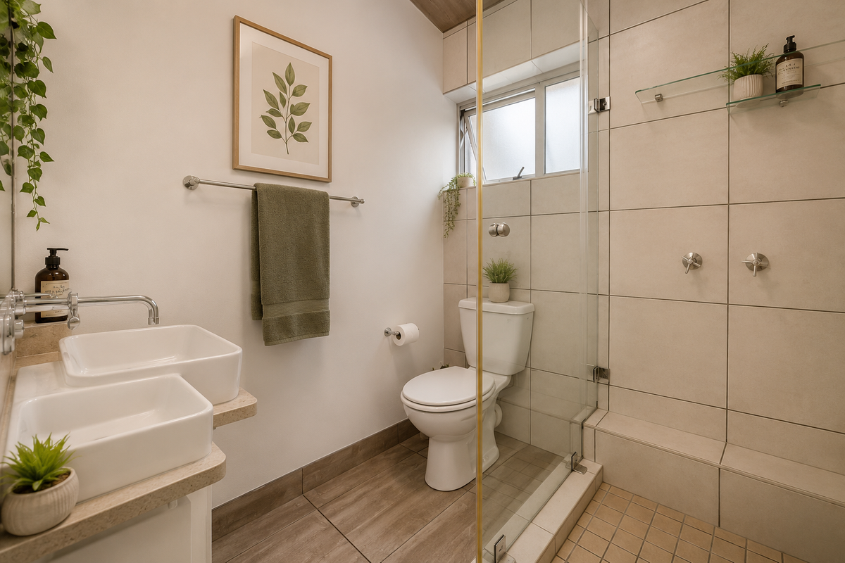 Modern bathroom featuring a double vessel sink vanity, stone countertop, and a glass-enclosed shower with neutral wall and floor tiling.