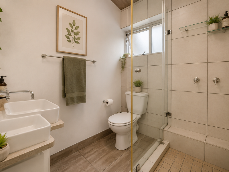 Modern bathroom featuring a double vessel sink vanity, stone countertop, and a glass-enclosed shower with neutral wall and floor tiling.