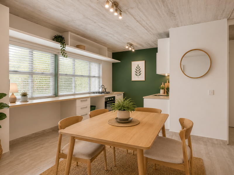 Modern open-plan kitchen and dining area featuring exposed concrete ceilings, sleek white cabinetry, a striking green accent wall, and warm brick detailing.